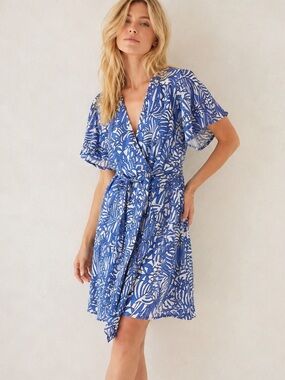 SUNCOO Blue and White Printed Wrap Linen Blend Dress